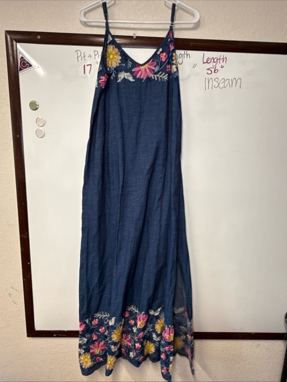 Karen Kane Chambray dress Floral Embroidered Maxi Dress with slit size Medium